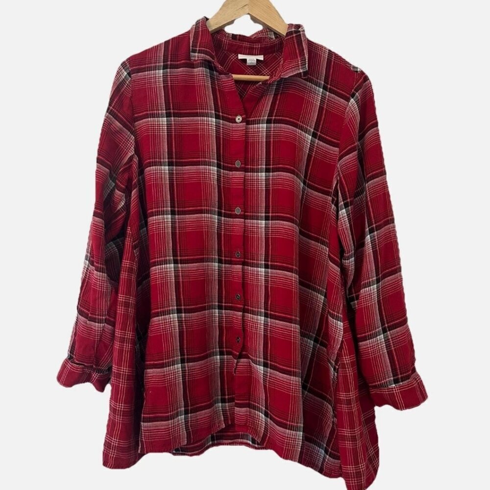 J Jill Womens Large Red Plaid Light-Weight Flannel Soft Button-Up Relaxed Blouse